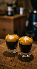Double Espresso with Crema in White Demitasse Cup on Rustic Café Table

