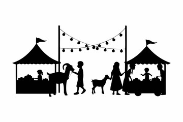 Silhouette of people and goats at a market fair under string lights isolated on white background, showcasing community and commerce