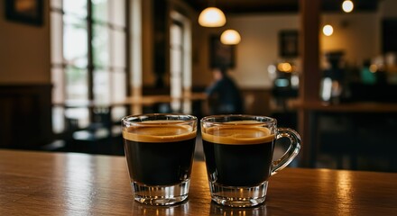 Double Espresso with Crema in White Demitasse Cup on Rustic Café Table

