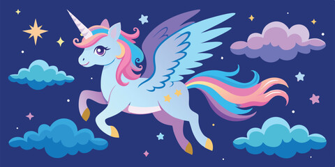 Obraz premium Cute flying unicorn in night sky with clouds and stars