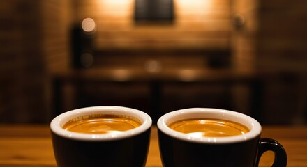 Double Espresso with Crema in White Demitasse Cup on Rustic Café Table

