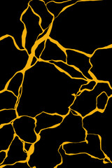 Abstract Black and yellow Crackle Pattern resembling cracks or fissures in a surface. features irregular, organic shapes separated by bold, yellow lines that create a network across the black