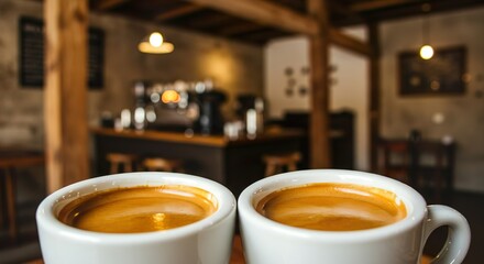 Double Espresso with Crema in White Demitasse Cup on Rustic Café Table

