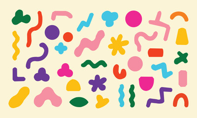 Vector illustration. Set of contemporary pastel color ornaments and geometry figures in drawn cartoon art style against yellow background. Modern icons and graphics. Minimalist