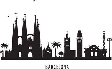 Detailed Barcelona Skyline Silhouette with Sagrada Familia and Other Landmarks Against a Black Background