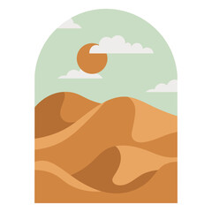 Minimalist desert scene illustration with sun and clouds design