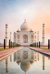 Naklejka premium Watercolor Illustration of the Taj Mahal at Sunrise. Ideal for use in travel-themed designs, wall art, greeting cards