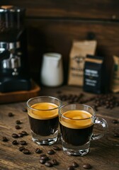 Double Espresso with Crema in White Demitasse Cup on Rustic Café Table

