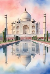 Obraz premium Watercolor Illustration of the Taj Mahal at Sunrise. Ideal for use in travel-themed designs, wall art, greeting cards