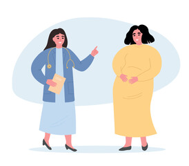 Pregnant woman at the doctor's appointment. Consultation before childbirth with an obstetrician specialist. Vector flat graphics.