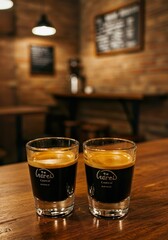 Double Espresso with Crema in White Demitasse Cup on Rustic Café Table

