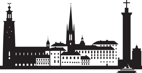Detailed Silhouette Illustration of Stockholm Sweden Skyline on a Solid Black Background