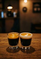 Double Espresso with Crema in White Demitasse Cup on Rustic Café Table

