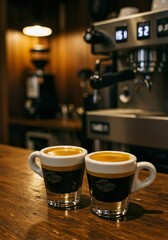 Double Espresso with Crema in White Demitasse Cup on Rustic Café Table

