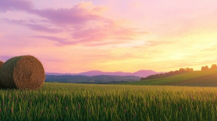 Beautiful landscape of a field with two hay bales on the left side. the field is filled with tall green grass and pink flowers, and in the background, there are rolling hills and mountains.