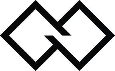 two overlapping diamond shapes interlocking geometric symbol connection unity linkage black outline design pattern isolated on white background.