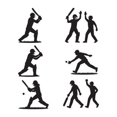 Male Cricket Player Action Silhouette Vector Set