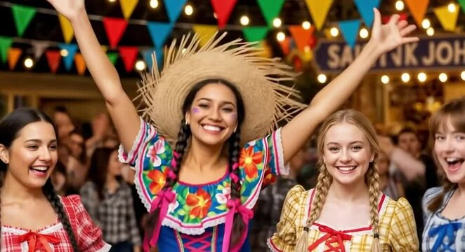 "Group of smiling young Brazilian women in plaid and flowery dresses in a contagious joy and festive mood"