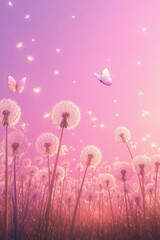 Dandelion Dreamscape: A breathtaking close-up reveals delicate dandelion seed heads floating amidst a vibrant pink and purple sky, with butterflies dancing in a field of floral fantasy.
