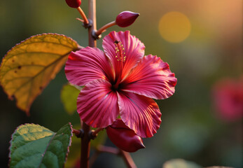 Pink Hibiscus Flower with Buds and Leaves