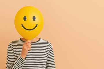Person Hiding Face with Smiley Balloon in Front of Peach Background