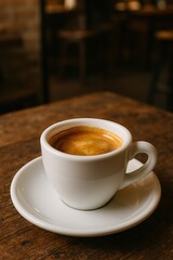 Double Espresso with Crema in White Demitasse Cup on Rustic Café Table


