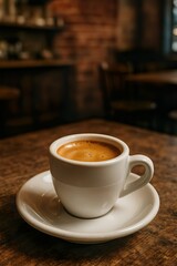 Double Espresso with Crema in White Demitasse Cup on Rustic Café Table

