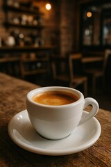 Double Espresso with Crema in White Demitasse Cup on Rustic Café Table

