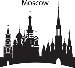 Moscow Russia Skyline Silhouette with Kremlin and Towers Against a Black Background, Cityscape Vector Illustration