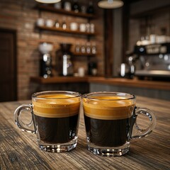 Double Espresso with Crema in White Demitasse Cup on Rustic Café Table

