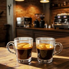 Double Espresso with Crema in White Demitasse Cup on Rustic Café Table

