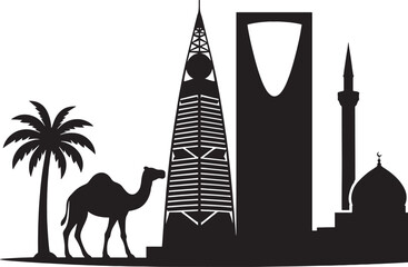 Saudi Arabia Skyline Silhouette with Palm Tree, Camel, Kingdom Centre, and Mosque on Black Backdrop