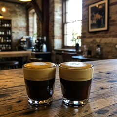 Double Espresso with Crema in White Demitasse Cup on Rustic Café Table

