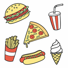 Fast Food Doodle Icon Set Burgers, Fries, Pizza, Soda, Hot Dogs & Ice Cream Vector