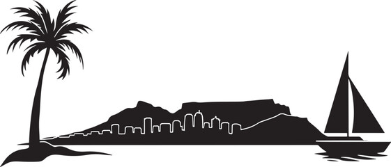 Silhouette Illustration of Cape Town South Africa Skyline with Palm Tree and Sailboat on Black Background