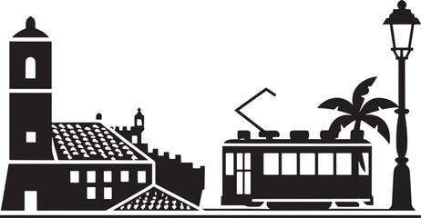 Silhouette Illustration of Lisbon Portugal Skyline with Tram and Tower Against a Dark Background, Cityscape Vector