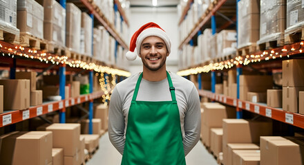 Smiling Young Man in Santa Hat and Green Apron Standing in Festive Warehouse with Boxes and Shelves