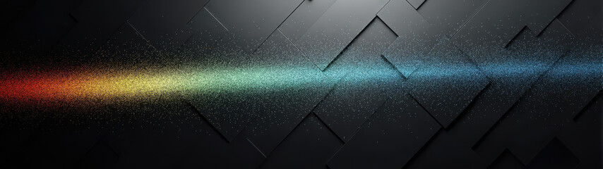 A vibrant rainbow beam cuts across gradient 3D tiles on a dark background, scattered with laser-like particles and monochrome lines