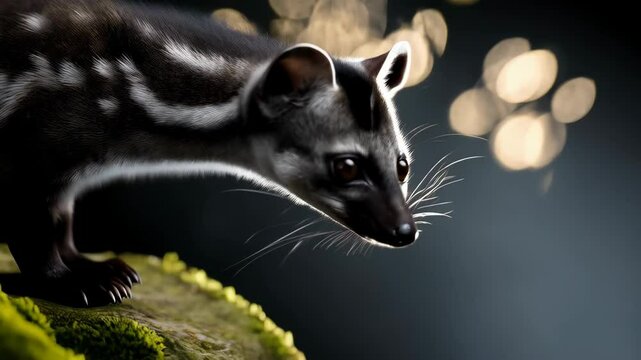 Close-up of a genet perched on a mossy surface, featuring its distinctive spotted coat, small ears, and curious gaze in a studio setting
