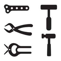 Orthopedic Surgical Tools Vector Icon Set – Bone Plates, Pliers, Hammers, Medical Instruments Collection