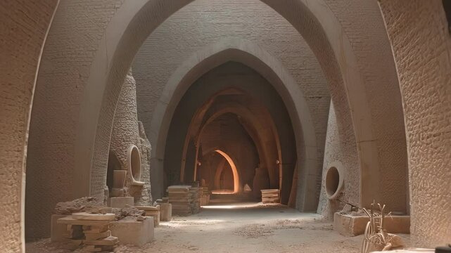 Light illuminates a series of brick kilns containing raw silicate materials undergoing transformation, showcasing the transitional stages of material reformation under intense heat