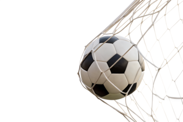 Soccer ball in net goal isolated on a white background png ai generated