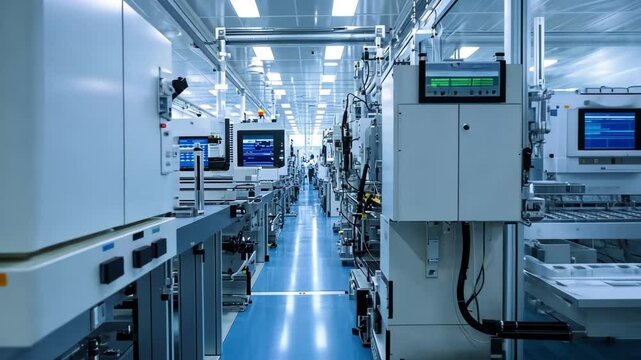 Advanced semiconductor production line operates in a high-tech facility with multiple machines and monitors, Advanced semiconductor production line in action, showcasing chip manufacturing