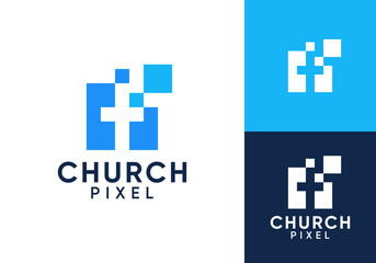 Obraz premium pixel digital church tech connection logo vector design