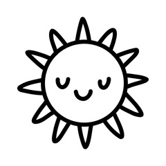Cute kids sun doodle hand drawn icon character face in black and white. Outline drawing funny happy smile sun cartoon character line clipart symbol for kids design, baby prints. Vector illustration