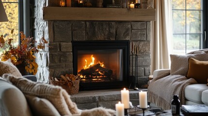 Cozy autumnal living room with crackling fireplace.