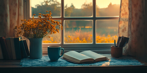 Cozy Morning by the Window with a Book and Coffee,Golden Hour Vibes, Creating a Relaxing Atmosphere at Home, Hot coffee and flowers in the window.
