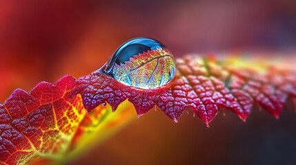 A vibrant autumnal dewdrop resting on a colorful leaf.