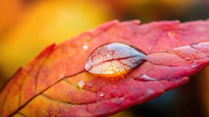Close-up view of a dewdrop on a vibrant autumn leaf.