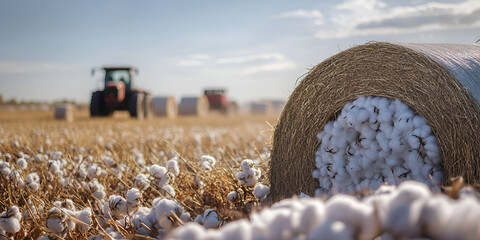 Harvesting Cotton, The Journey from Field to Fabric, Sustainable Cotton Farming, A Closer Look at Modern Agriculture, Beautiful landscape with cotton rolls